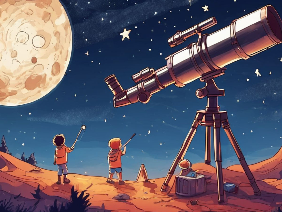 children exploring space with telescopes and astronomy toys under starry sky