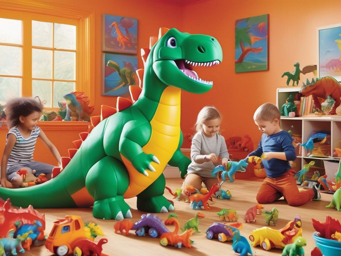children playing with dinosaur toys in a colorful playroom
