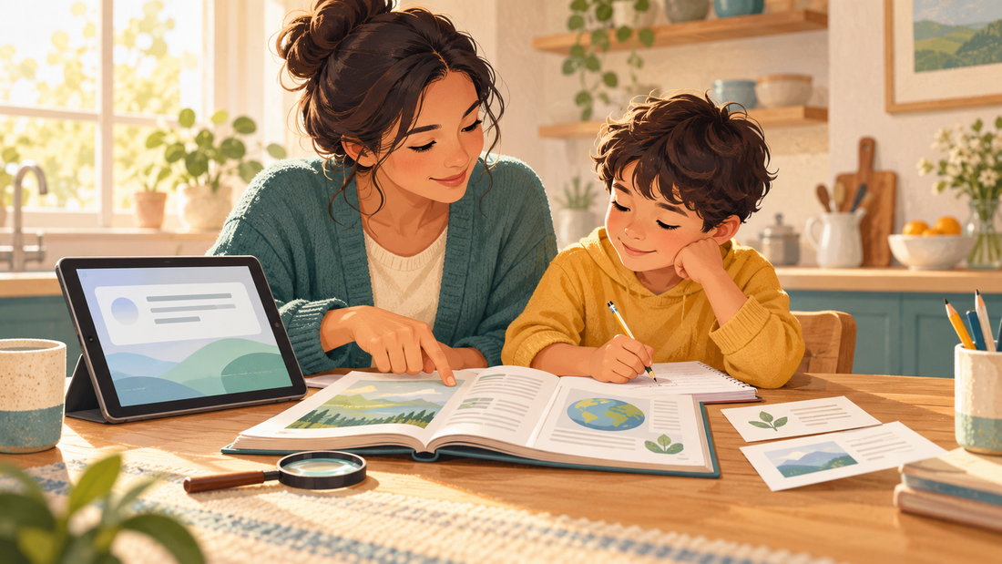 Illustration of a caregiver and child comparing information on a tablet with an open reference book.