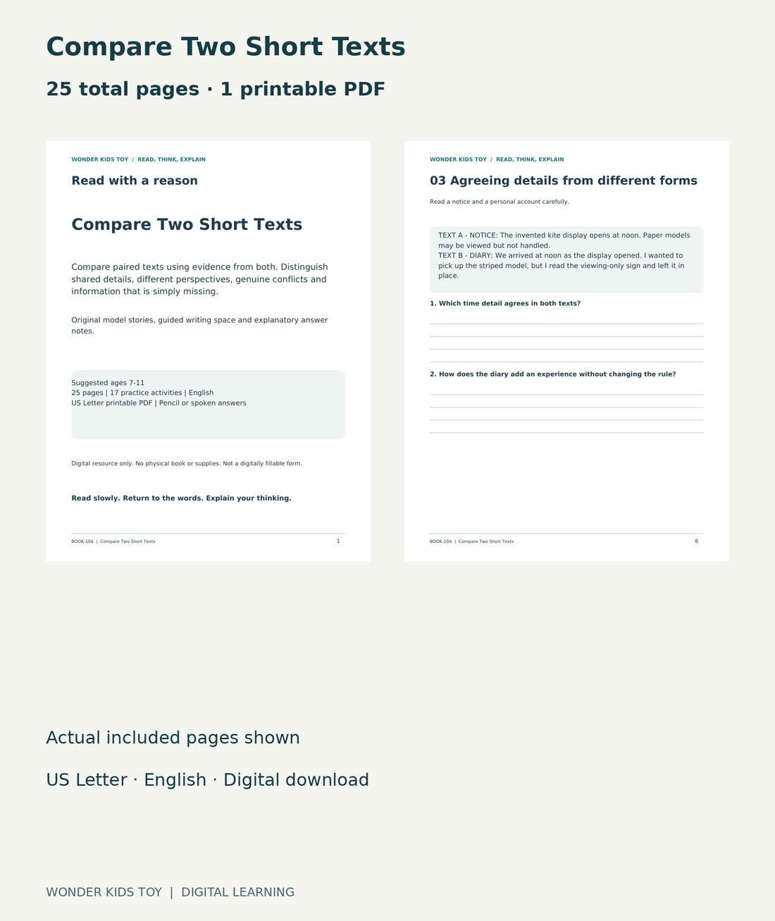 Compare Two Short Texts: actual included PDF cover and page 6, 25 total pages
