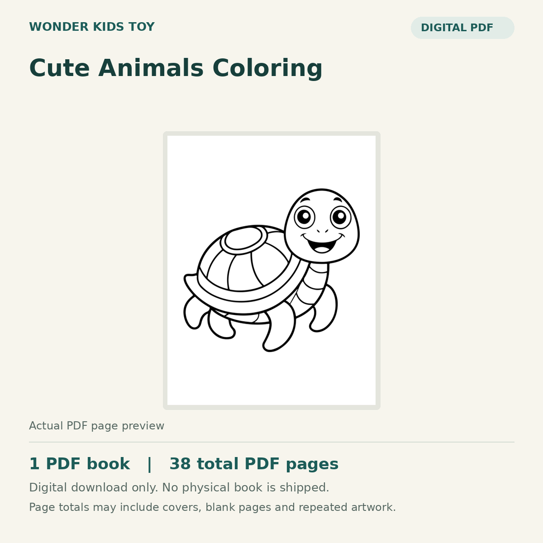 Cute Animals Coloring: actual PDF page previews, 1 PDF book, 38 total PDF pages. Digital download only.