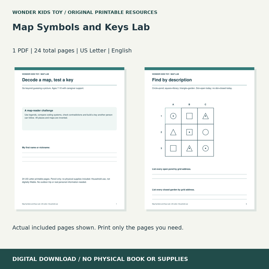 Map Symbols and Keys Lab: actual included PDF previews, 24 total pages, US Letter digital download