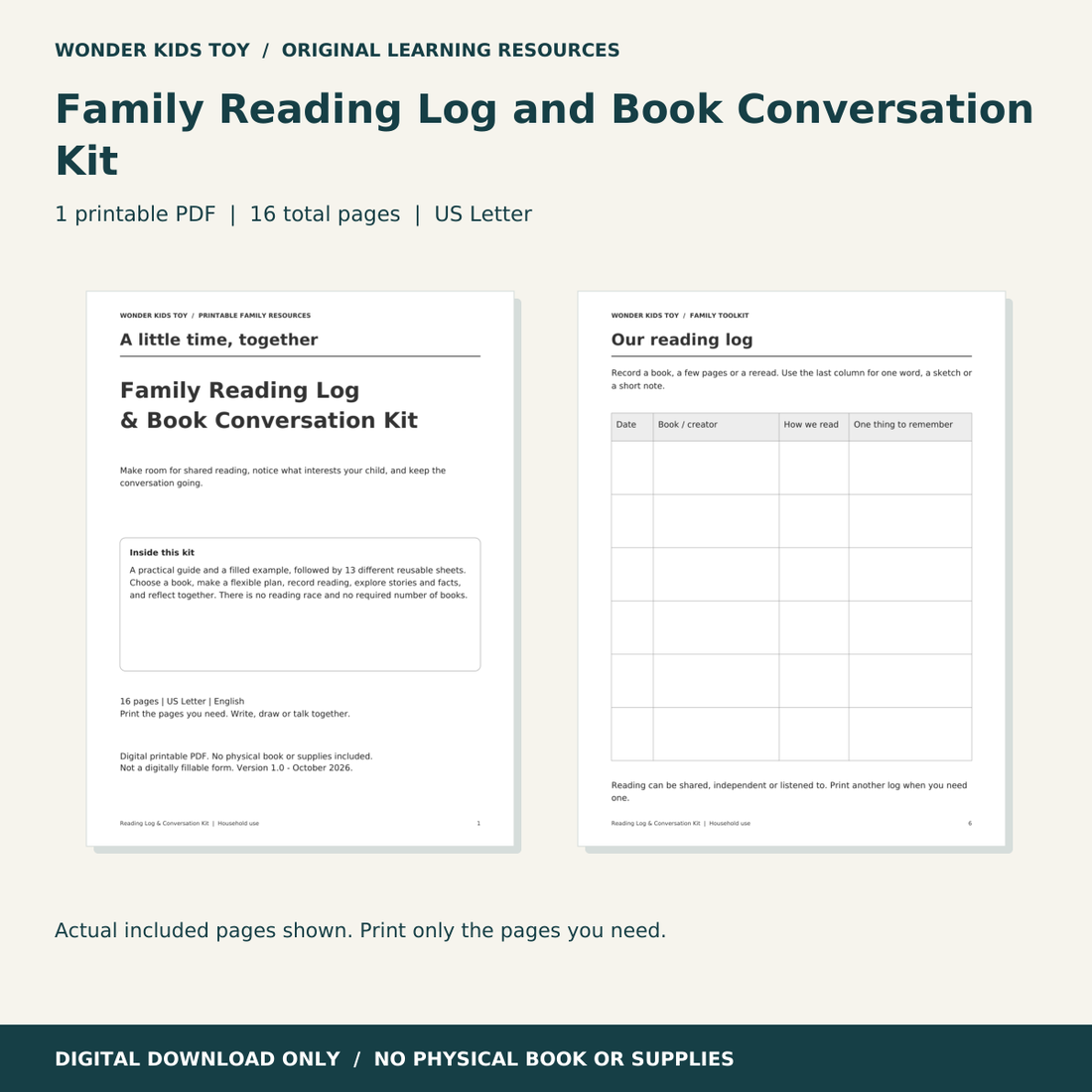 Family Reading Log and Book Conversation Kit: actual PDF page previews; 16 total pages, US Letter digital download