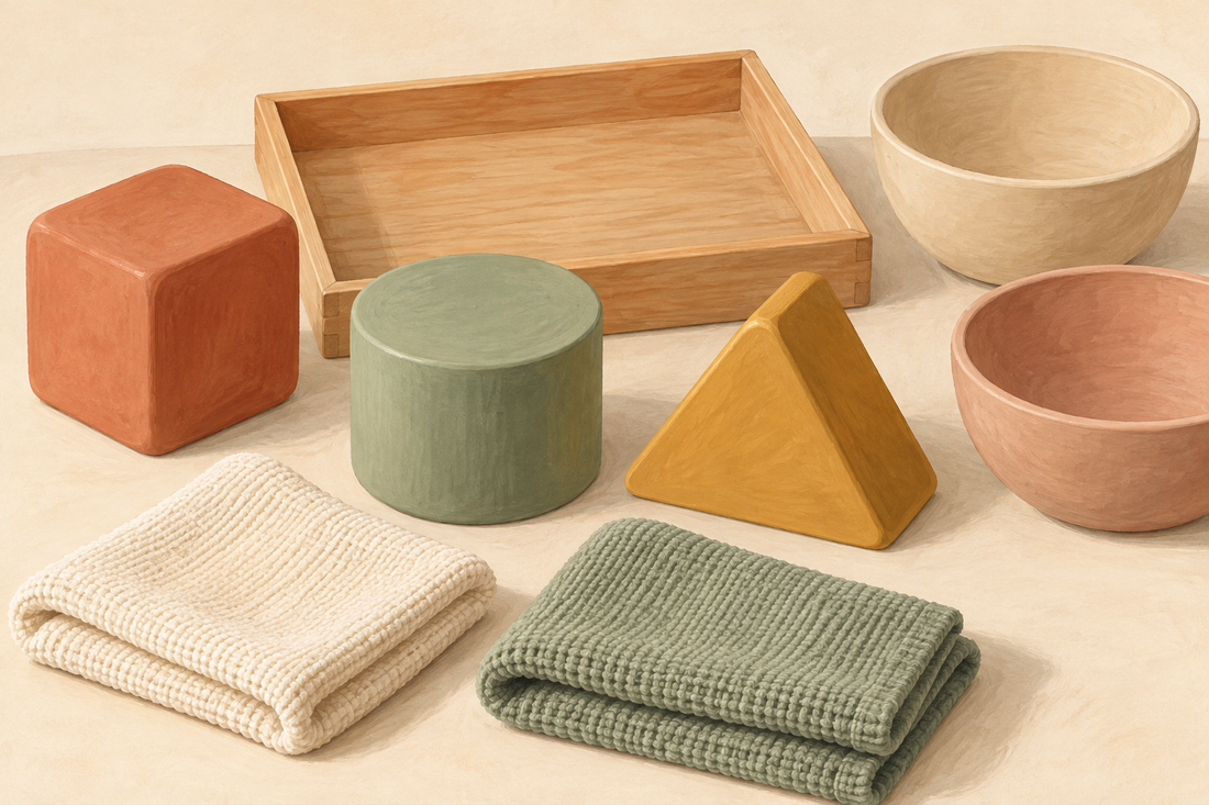 Editorial illustration of a shallow tray, large geometric shapes, folded cloths and empty bowls; not a product photograph