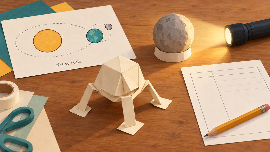 Illustration of a paper lander, a not-to-scale Sun–Earth–Moon diagram, and a flashlight illuminating a model Moon.