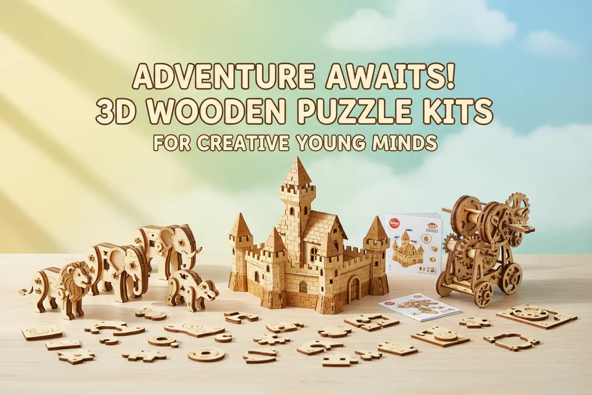 3D wooden puzzle kits for kids with vehicles, stadium models and creative wooden builds