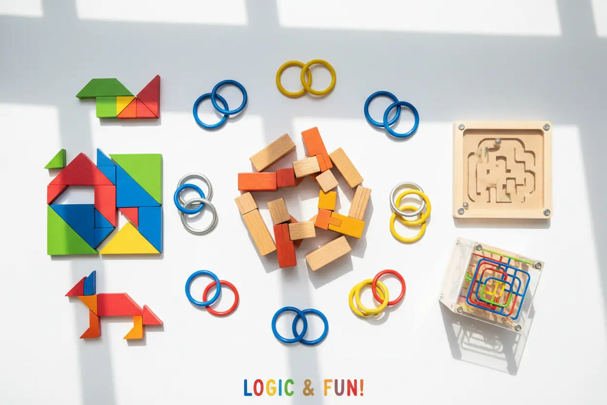 Logic puzzle toys for kids with tangrams, Tetris blocks, mazes and sliding puzzles