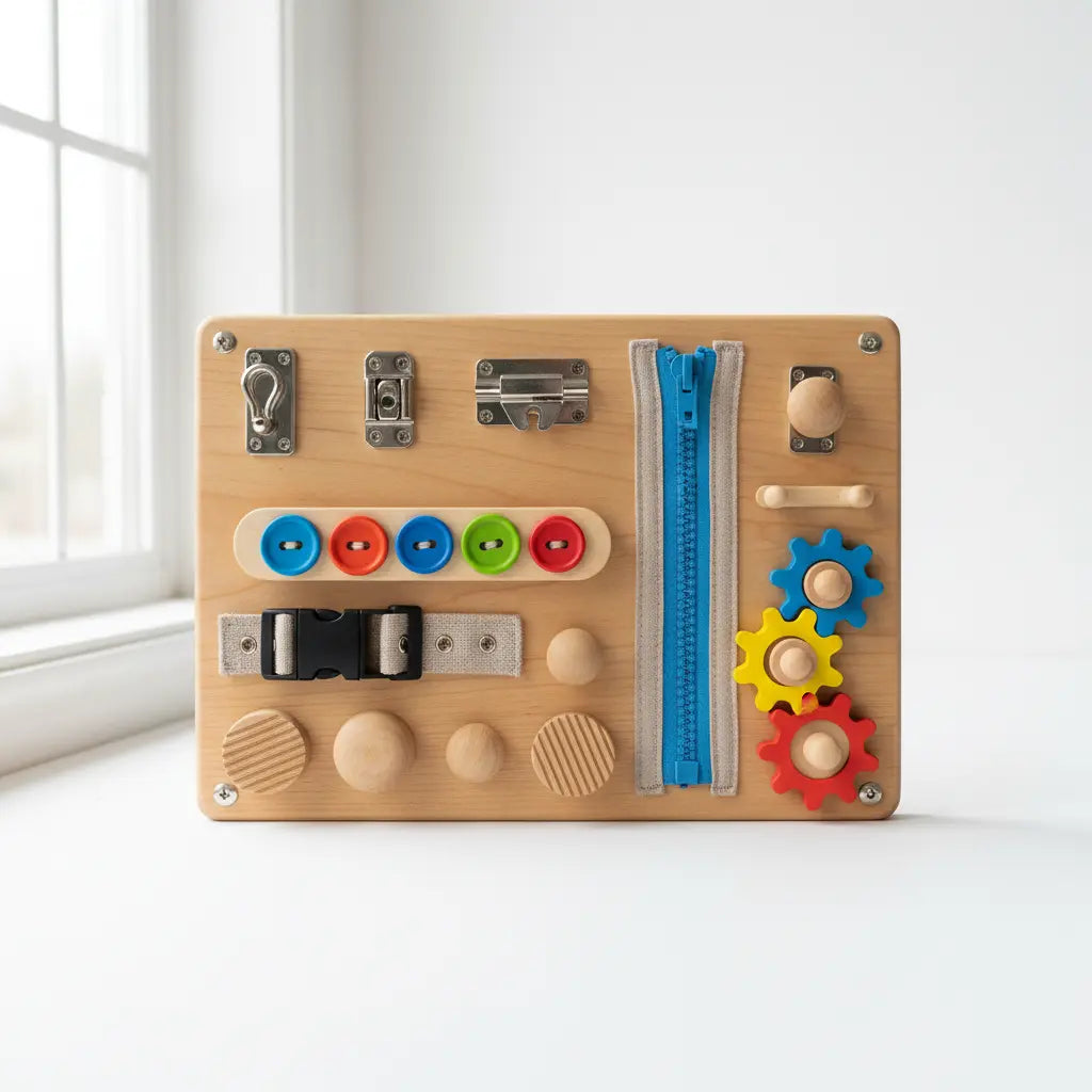 Montessori busy boards for toddlers including wooden, felt and LED fine motor activity boards