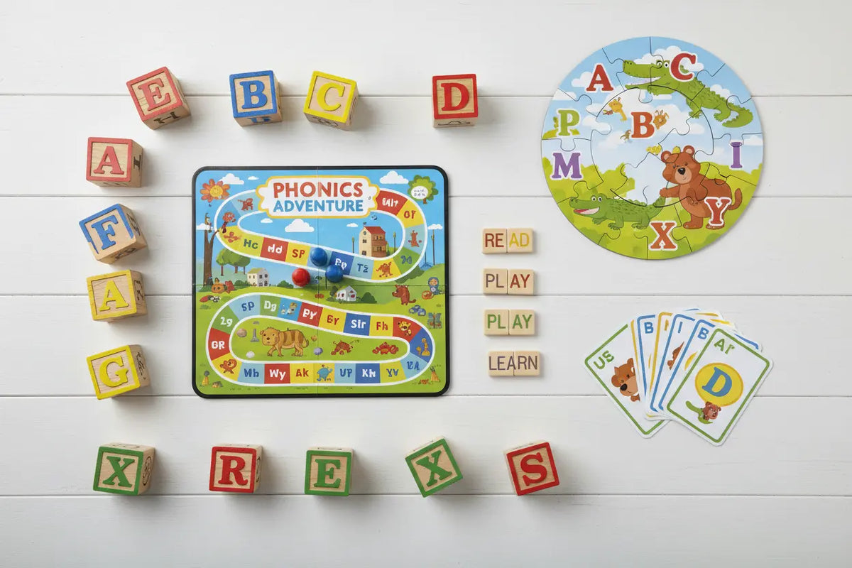 Phonics games for kids with CVC word puzzles, spelling cards and alphabet boards