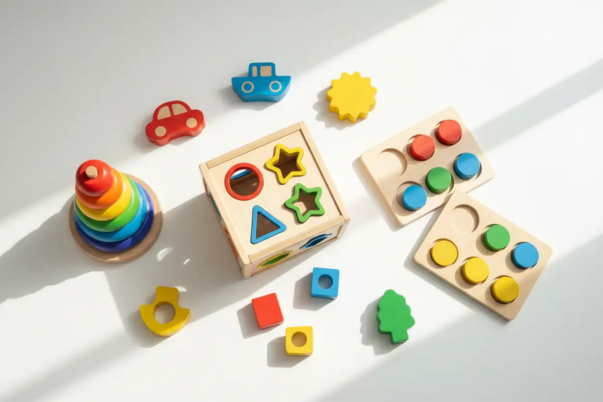 Shape sorting toys for toddlers with color matching, geometric blocks and Montessori puzzle play