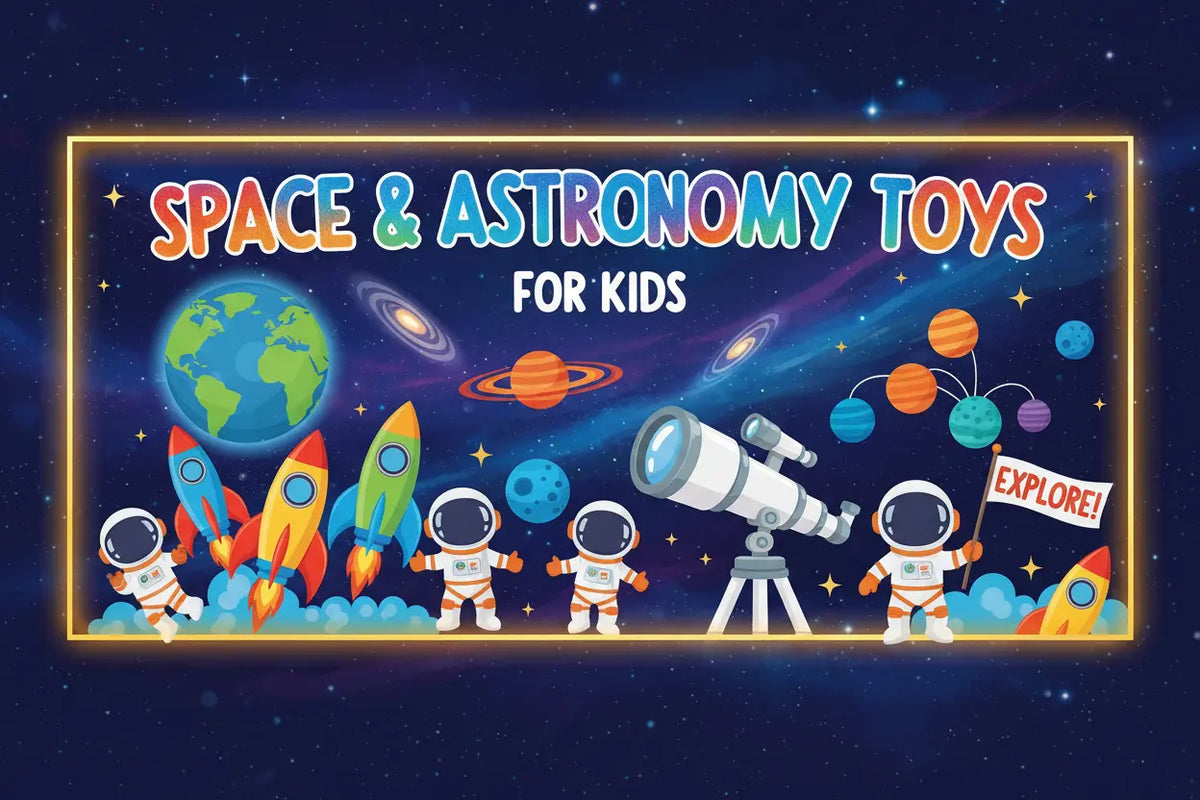 Space toys for kids including astronaut sets, spaceship toys, planet blocks and astronomy STEM kits