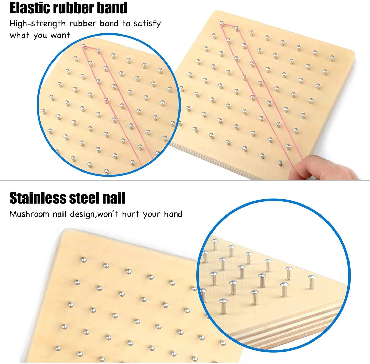 STEM Block Geo Board Graphical Educational Toys, Kids Montessori Geoboard Mathematical Manipulative Array Block with Pattern Cards and Rubber Bands Matrix 8X8 Brain Teaser Toys