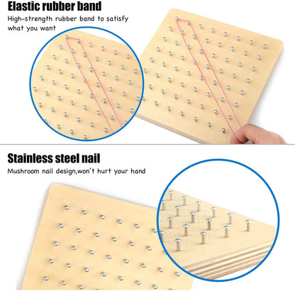 STEM Block Geo Board Graphical Educational Toys, Kids Montessori Geoboard Mathematical Manipulative Array Block with Pattern Cards and Rubber Bands Matrix 8X8 Brain Teaser Toys