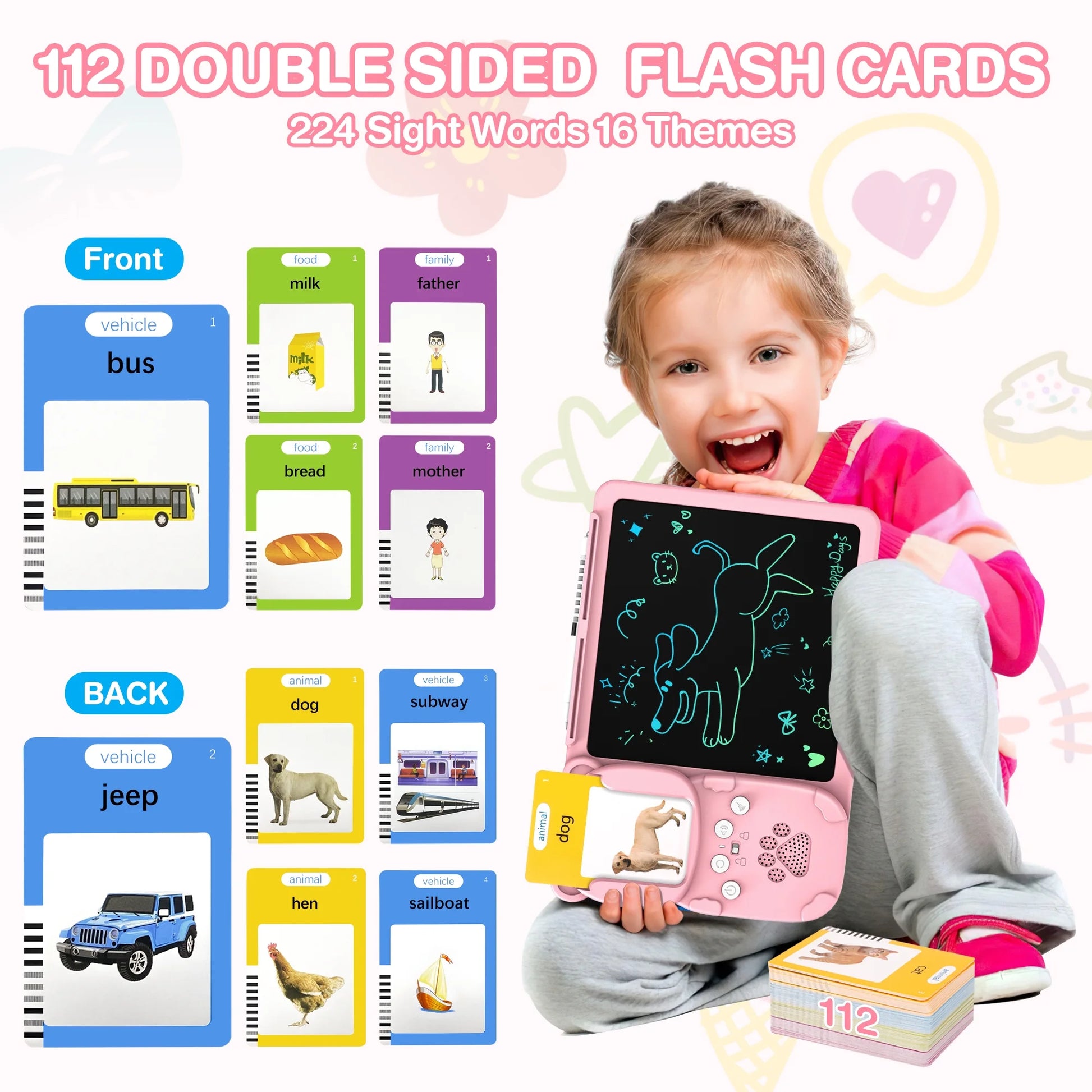 Talking Flash Cards with LCD Writing Drawing Tablet, 224 Sight Words Educational Montessori Learning Toy for 3 4 5 6 7 Year Olds Kids Boys Girls, Autism Speech Therapy Gift for Autistic Children