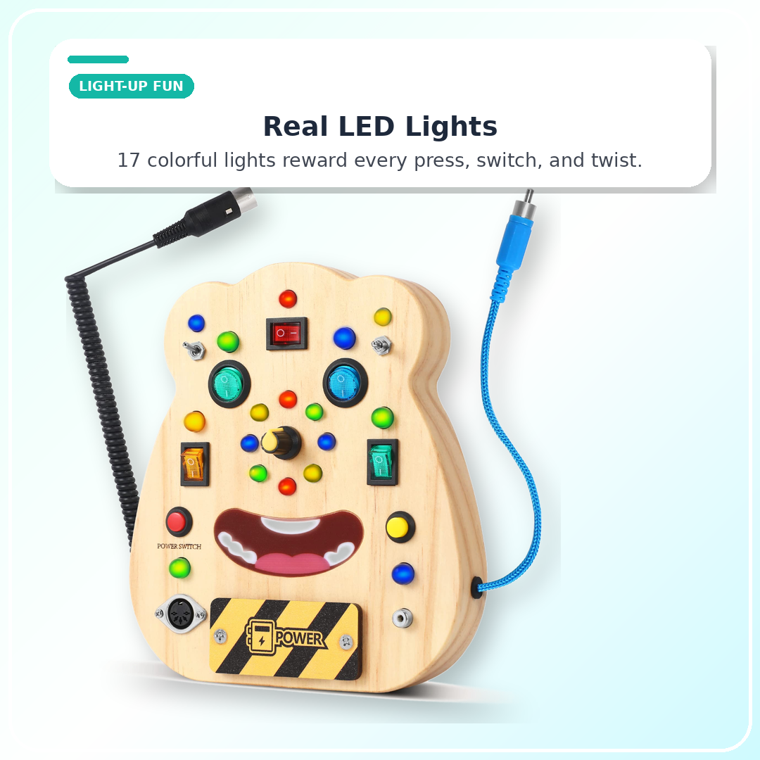 Montessori LED Busy Board for Toddlers 1–3 — Fine Motor Skills | Light-Up 14 Activities Bear
