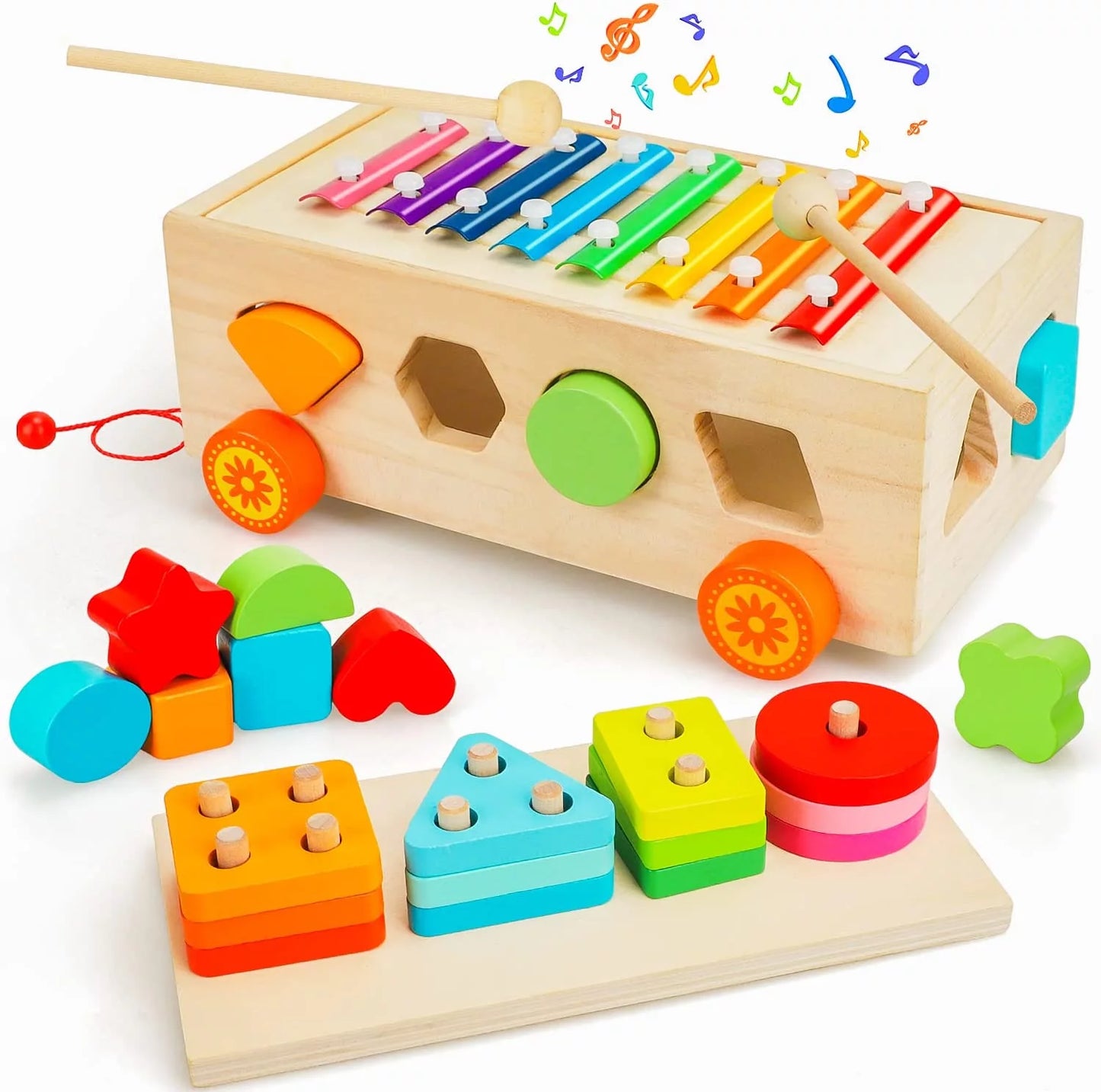 Shape Sorter Xylophone for Toddlers 1-3 Montessori Toys for 1 Year Old Wooden Stacking Toys Toddler Baby Xylophone Set, Baby Shape Sorter Toy Sorting Toys, Learning Block Sensory Wood Gifts