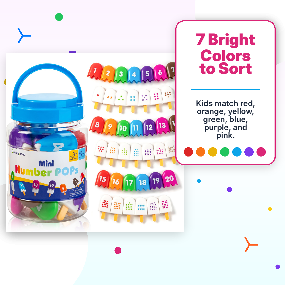 Montessori Number Popsicles Matching Game for Toddlers — 40 Pcs · Numbers 1–20 · 7 Colors · Self-Correcting · Reusable Jar · Color Sorting & Counting Toy Ages 2–5