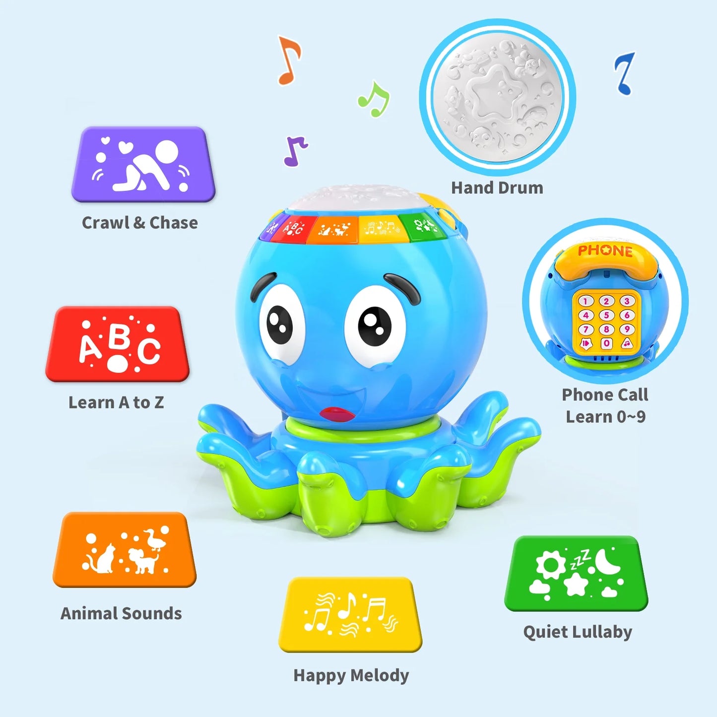 Blue Crawling Musical Octopus Baby Toys for 12-18 Months, Early Learning Educational Toy with Light & Sound, Birthday Toy for Infant Toddler Boy Girl 7 8 9 10 11 Month 1-2 Year Old