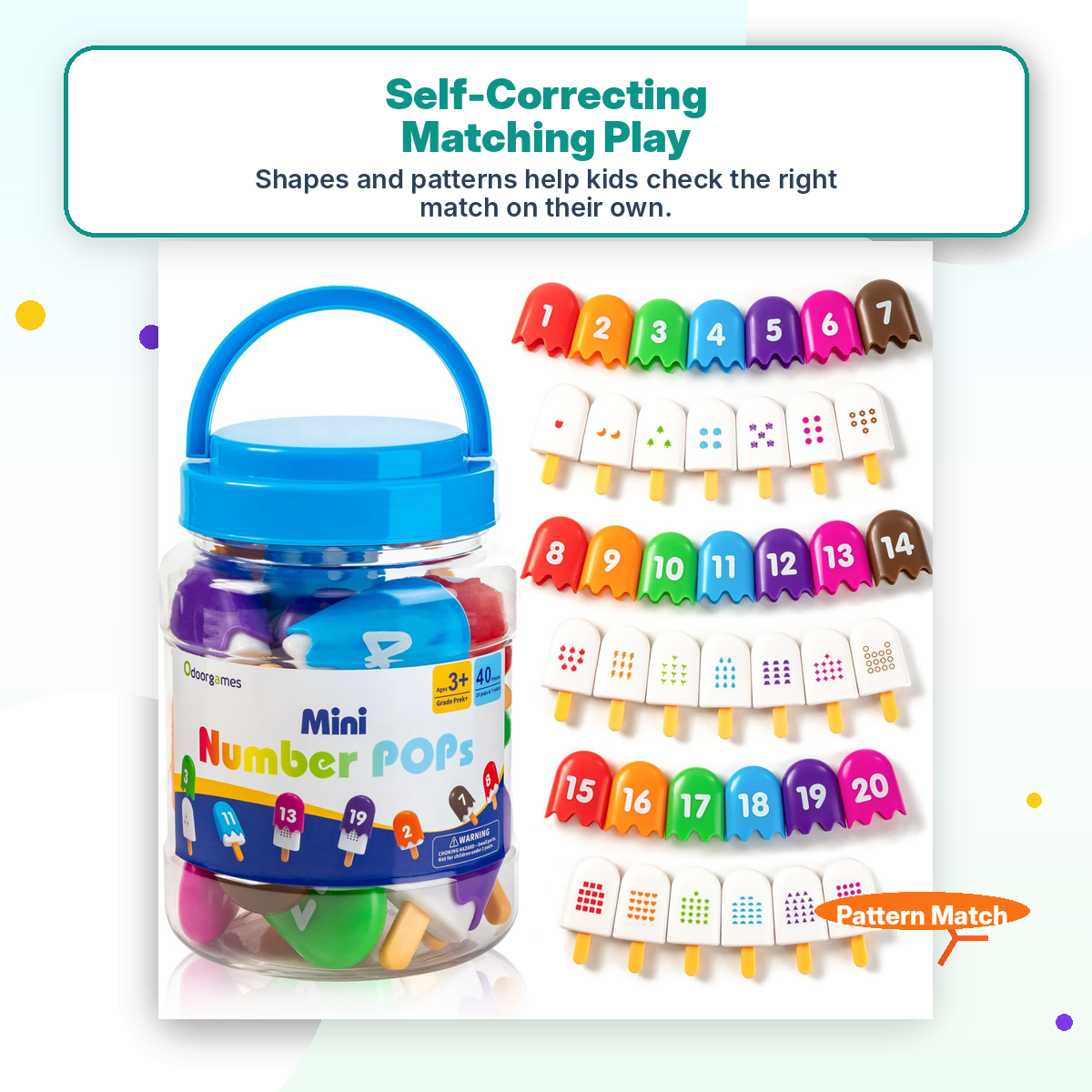 Montessori Number Popsicles Matching Game for Toddlers — 40 Pcs · Numbers 1–20 · 7 Colors · Self-Correcting · Reusable Jar · Color Sorting & Counting Toy Ages 2–5