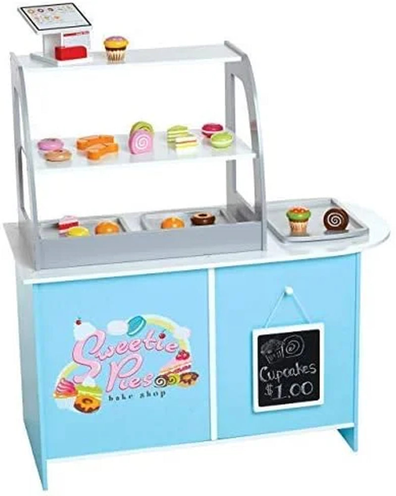 Wooden Bakery Playset Pretend Stand for Kids - 25 Piece Bake Shop Counter W Food, Chalkboard, Cash Register, Trays - Durable Construction for Creative Playtime