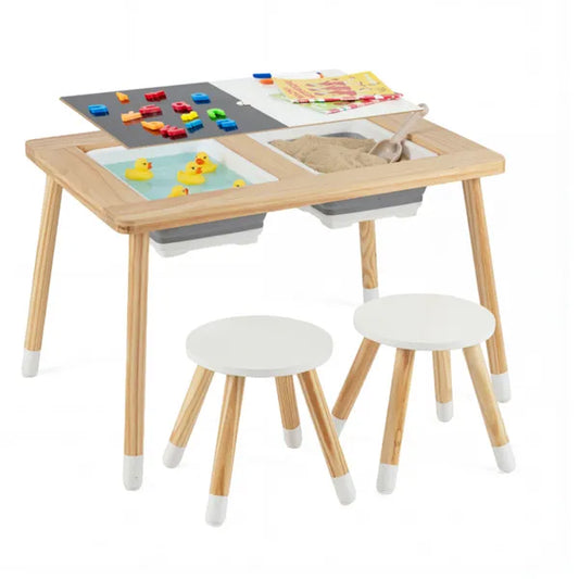 The 3-in-1 Sensory & Storage Hub: Solid Pine Wood Activity Table with Built-In Foldable Bins for Ages 3+