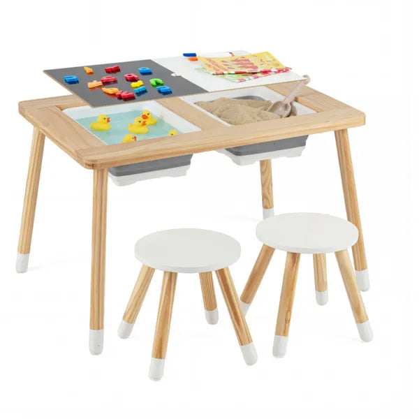 The 3-in-1 Sensory & Storage Hub: Solid Pine Wood Activity Table with Built-In Foldable Bins for Ages 3+