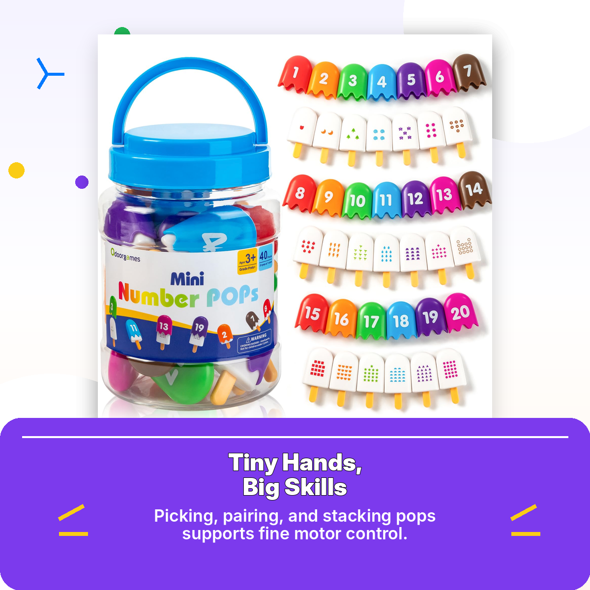 Montessori Number Popsicles Matching Game for Toddlers — 40 Pcs · Numbers 1–20 · 7 Colors · Self-Correcting · Reusable Jar · Color Sorting & Counting Toy Ages 2–5