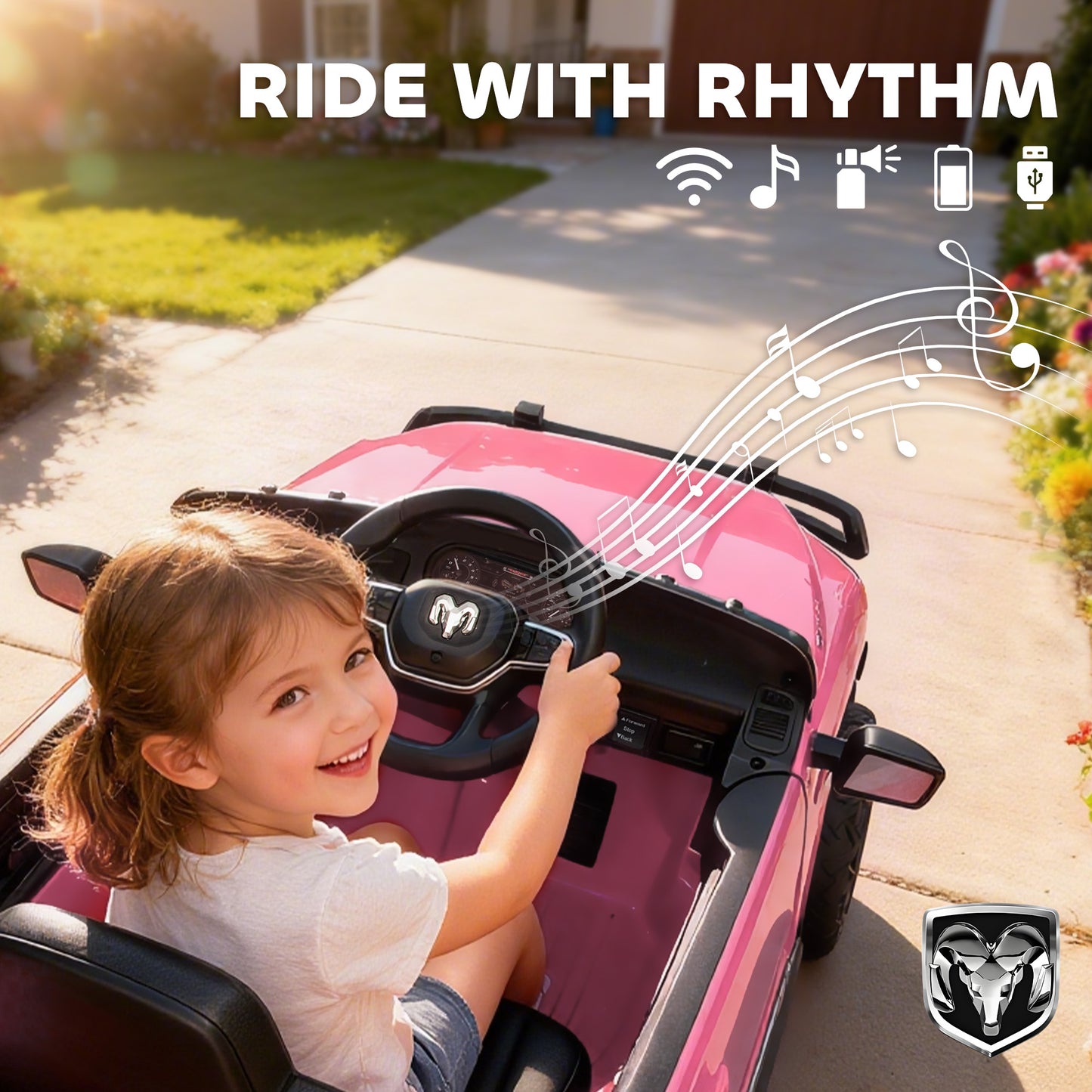 12V Kids Ride on Car, Licensed Dodge RAM 3500 Ride on Toys with Dual Motors, Remote Control for Toddlers, Pink