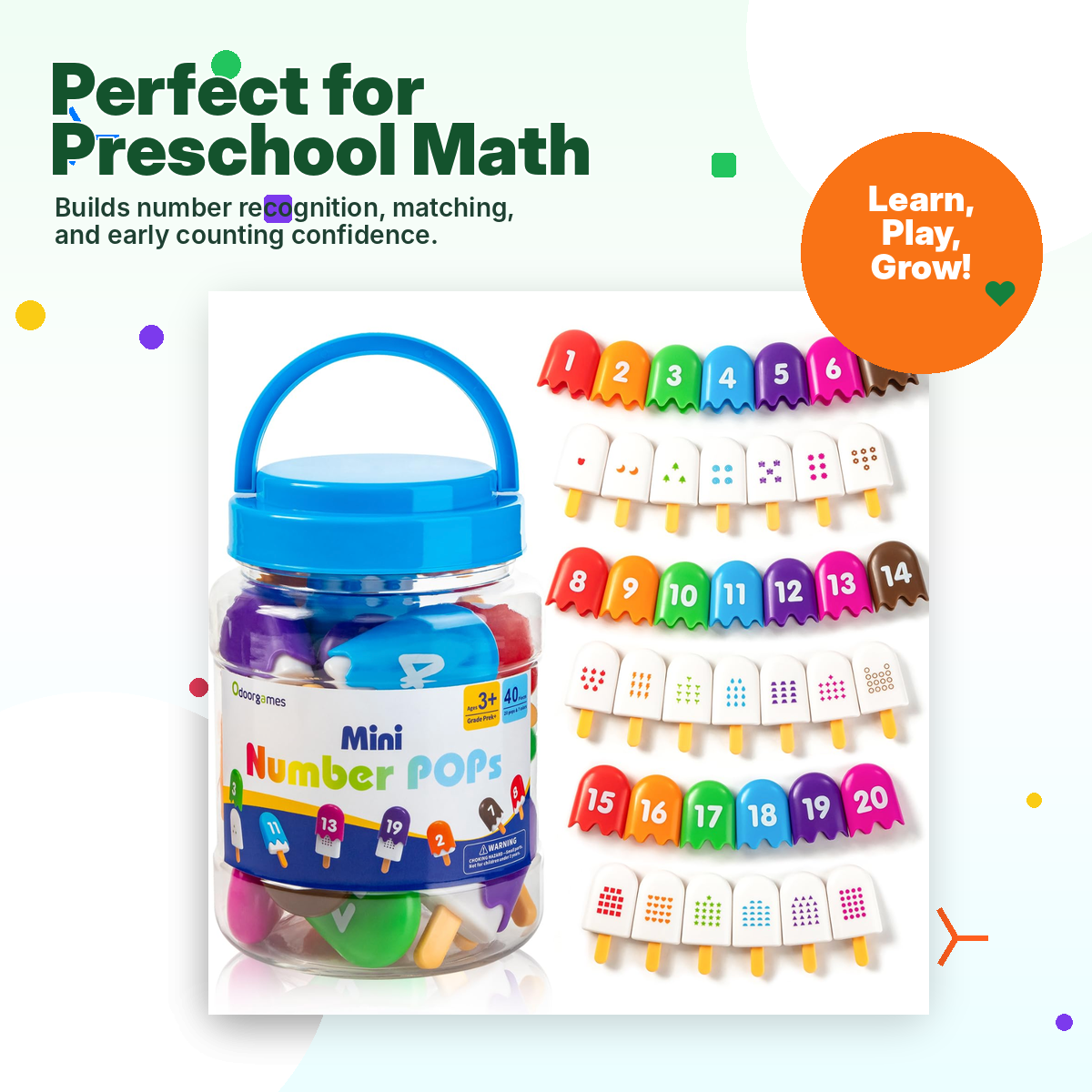 Montessori Number Popsicles Matching Game for Toddlers — 40 Pcs · Numbers 1–20 · 7 Colors · Self-Correcting · Reusable Jar · Color Sorting & Counting Toy Ages 2–5