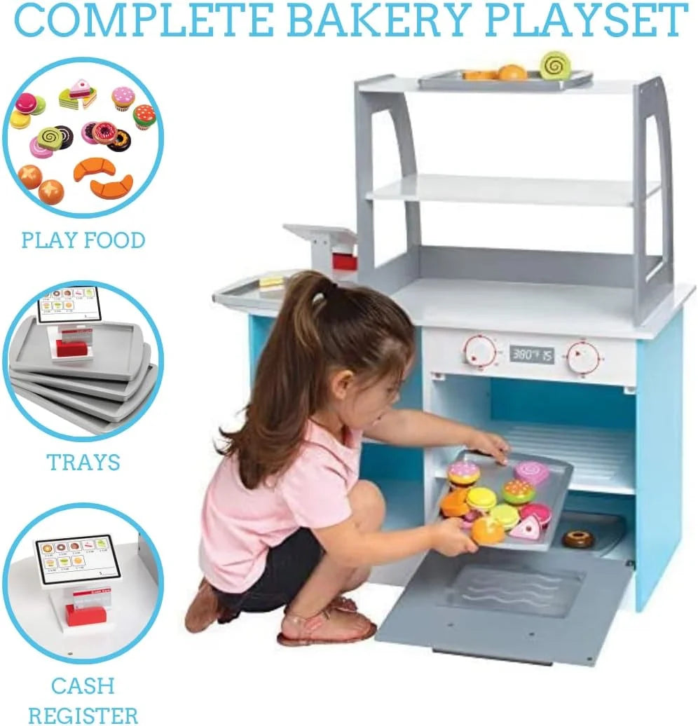 Wooden Bakery Playset Pretend Stand for Kids - 25 Piece Bake Shop Counter W Food, Chalkboard, Cash Register, Trays - Durable Construction for Creative Playtime