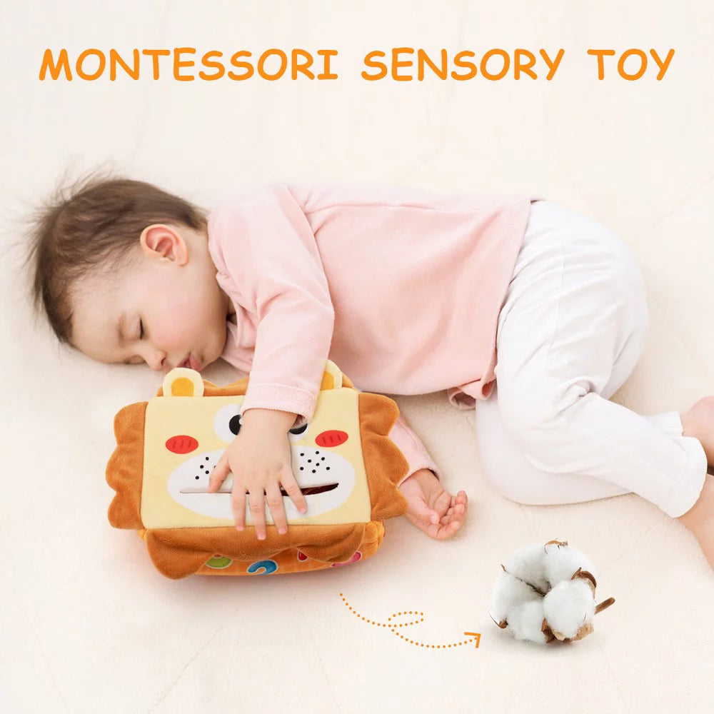 Baby Tissue Box Toy-Lion,Baby Montessori Toys,Soft Stuffed Crinkle Montessori Sensory Toys for Infants 10.6 X 5.9X3.9 Inch