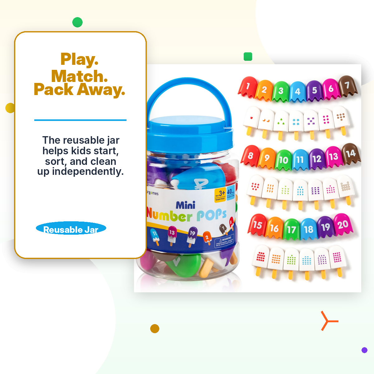 Montessori Number Popsicles Matching Game for Toddlers — 40 Pcs · Numbers 1–20 · 7 Colors · Self-Correcting · Reusable Jar · Color Sorting & Counting Toy Ages 2–5