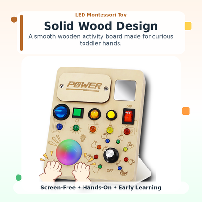 Montessori LED Busy Board for Toddlers 1–3 — Sensory Development | Light-Up Wooden Square Wooden Busy Board