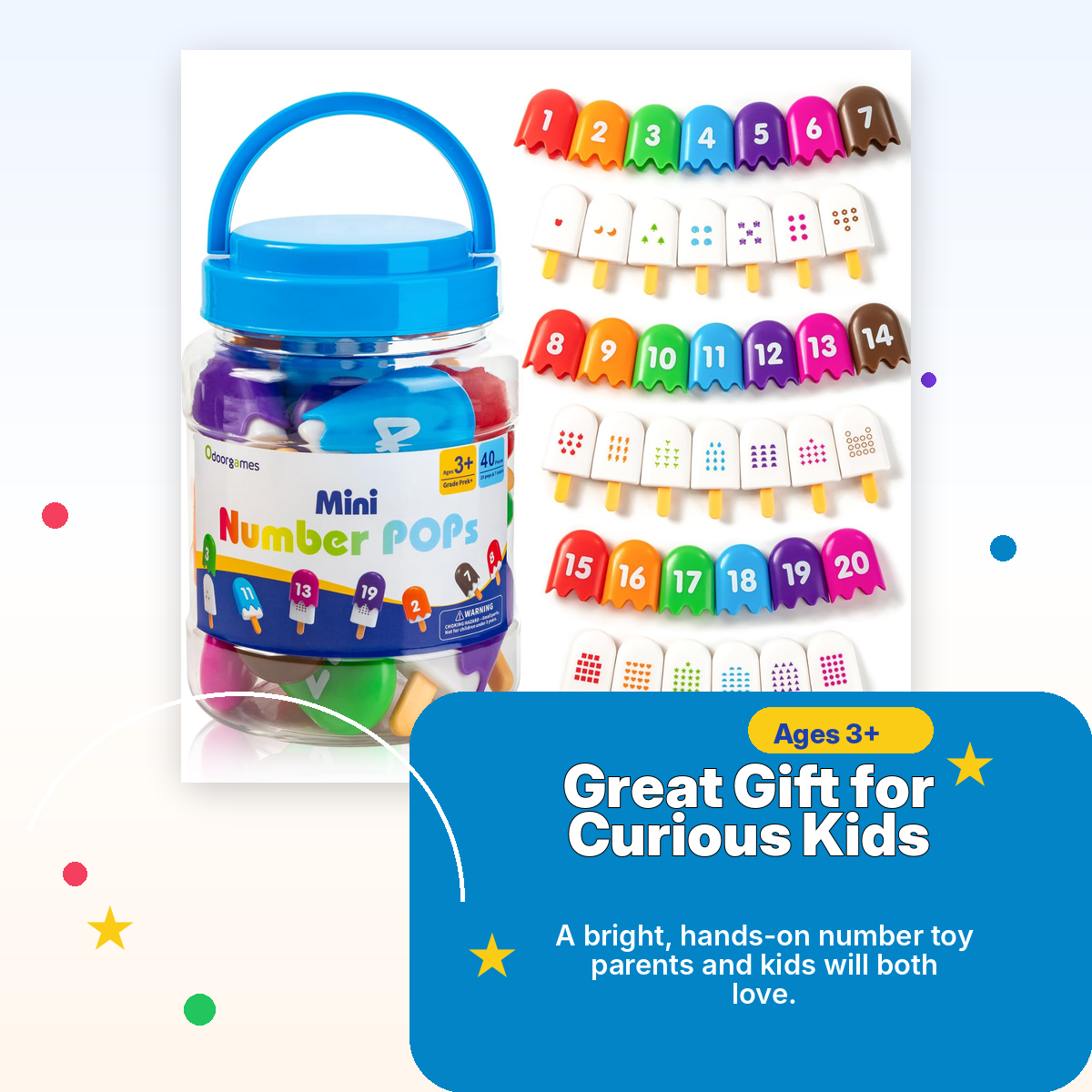 Montessori Number Popsicles Matching Game for Toddlers — 40 Pcs · Numbers 1–20 · 7 Colors · Self-Correcting · Reusable Jar · Color Sorting & Counting Toy Ages 2–5