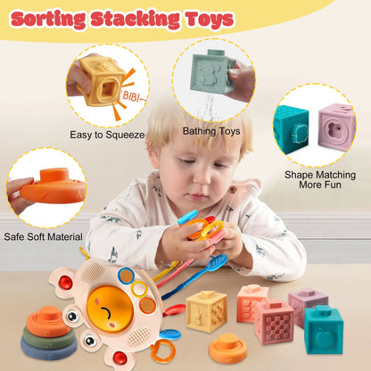 Baby Learning Toys for Ages 6-18 Months - 4In1 Toddler Toys Pull String Teether, Stacking Blocks, Sensory Shapes & Storage Bin, Montessori Toys for Babies Birthday Gift Toy Set