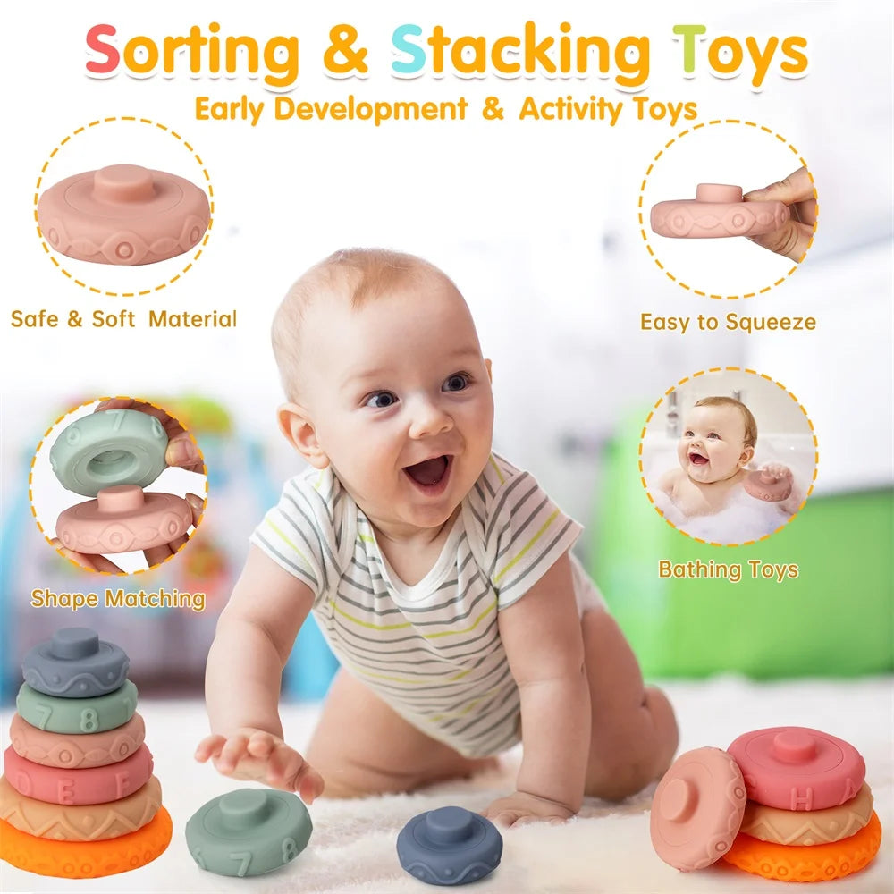 Baby Learning Toys 6-12 Months,7In1 33Pcs Montessori Toys for Babies Birthday Gift Toy Set, Sensory Bins Soft Teething Toys Pull String Stacking Blocks Matching Eggs Toddler Toy Suction Cup Spinner