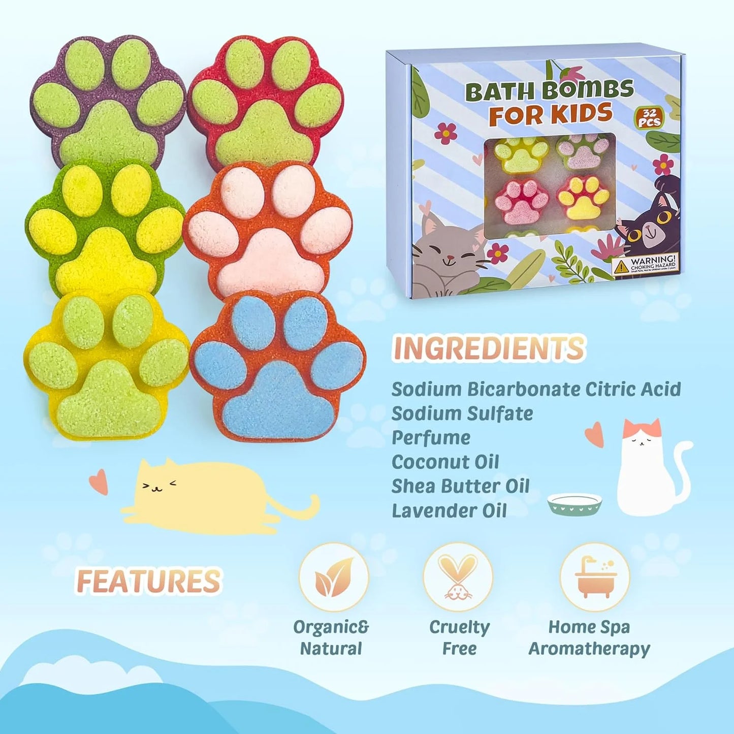 Bath Bombs for Kids,32Pcs Paw-Shape Bath Bombs with Surprise Toy Inside, Bath Bombs with Ocean Animals and Space Planet Toys, Natural Bath Bomb Gift Set at Christmas, Birthday