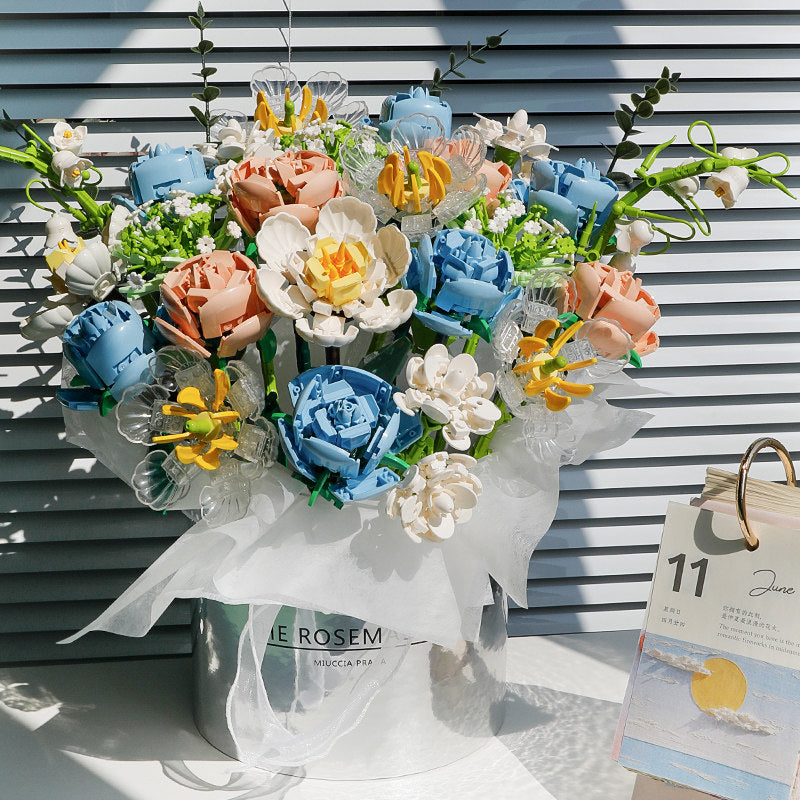 Flower Bouquet Building Blocks Kit 24pcs Silver Bucket