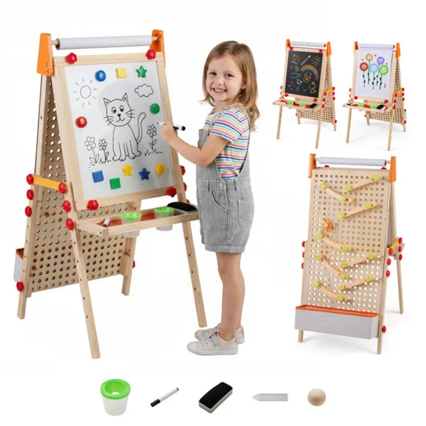 4-in-1 Kids Art Easel With Marble Run, Adjustable Height Double-Sided Drawing Easel With Paper Roll & Storage