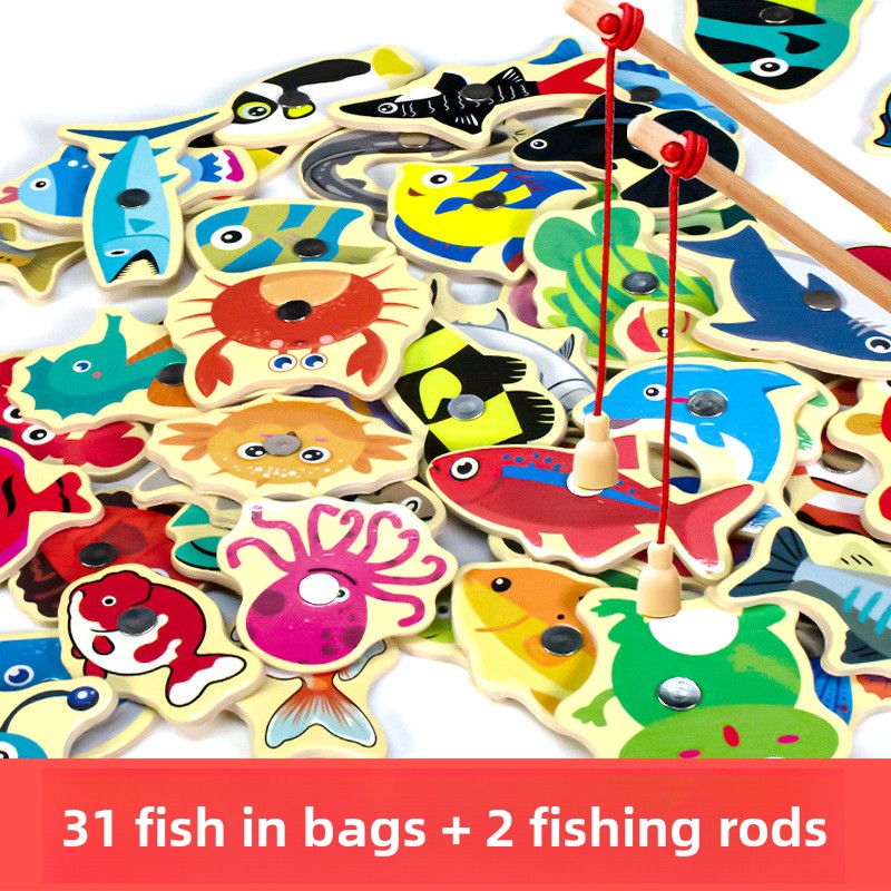 Wooden Fishing Game for Kids 31 fish 2 fishing rods bag
