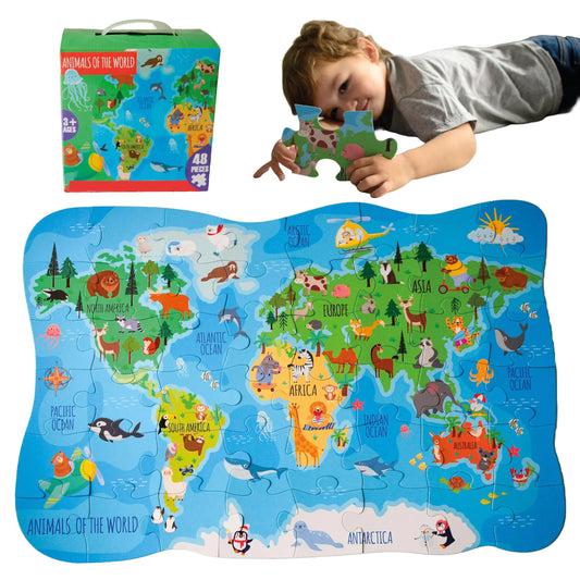 48-Piece Animals of the World Floor Jigsaw Puzzle for Kids – Geography Learning Toy Ages 3-6 n a