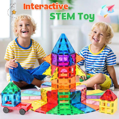 100 Pcs Magnetic Tiles Building Blocks with 2 Cars, STEM Toys 3D Building Sets Gifts for Boys and Girls