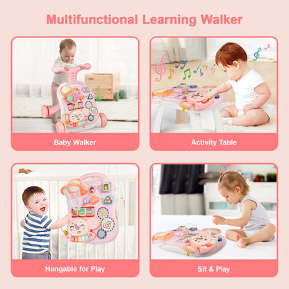 3-In-1 Baby Walker and Learning Table Center, Perfect Learning Toys Christmas Gift for Infants 6-12 Months, Early Development and Playtime for Girls Boys-Pink