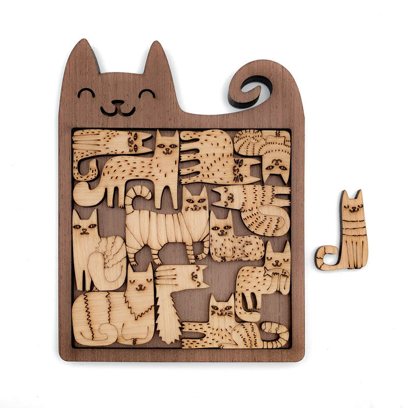 Wooden Animal Puzzle for Kids Cute Cat Natural Wood