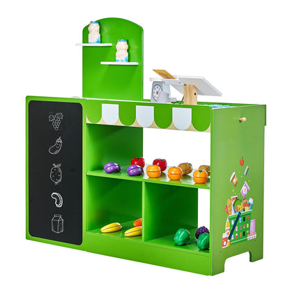 Kids Grocery Store Playset Wooden Play Market Stand With Cash Register Green