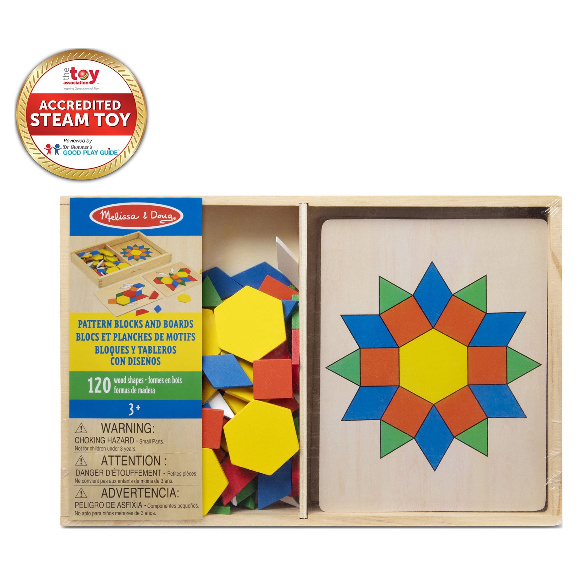 Pattern Blocks and Boards - Classic Toy with 120 Solid Wood Shapes and 5 Double-Sided Panels, Multi-Colored Animals Puzzle