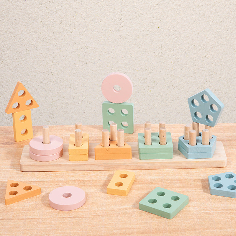 Wooden Geometric Shape Matching Toy – Five-Pillar Sorting Puzzle