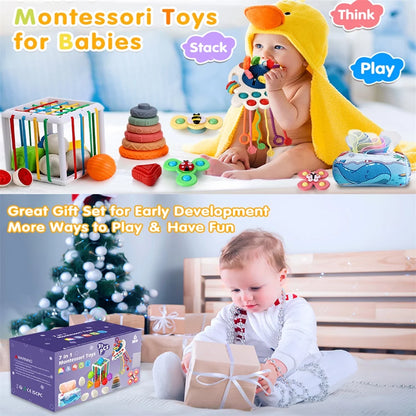 Baby Learning Toys 6-12 Months,7In1 33Pcs Montessori Toys for Babies Birthday Gift Toy Set, Sensory Bins Soft Teething Toys Pull String Stacking Blocks Matching Eggs Toddler Toy Suction Cup Spinner