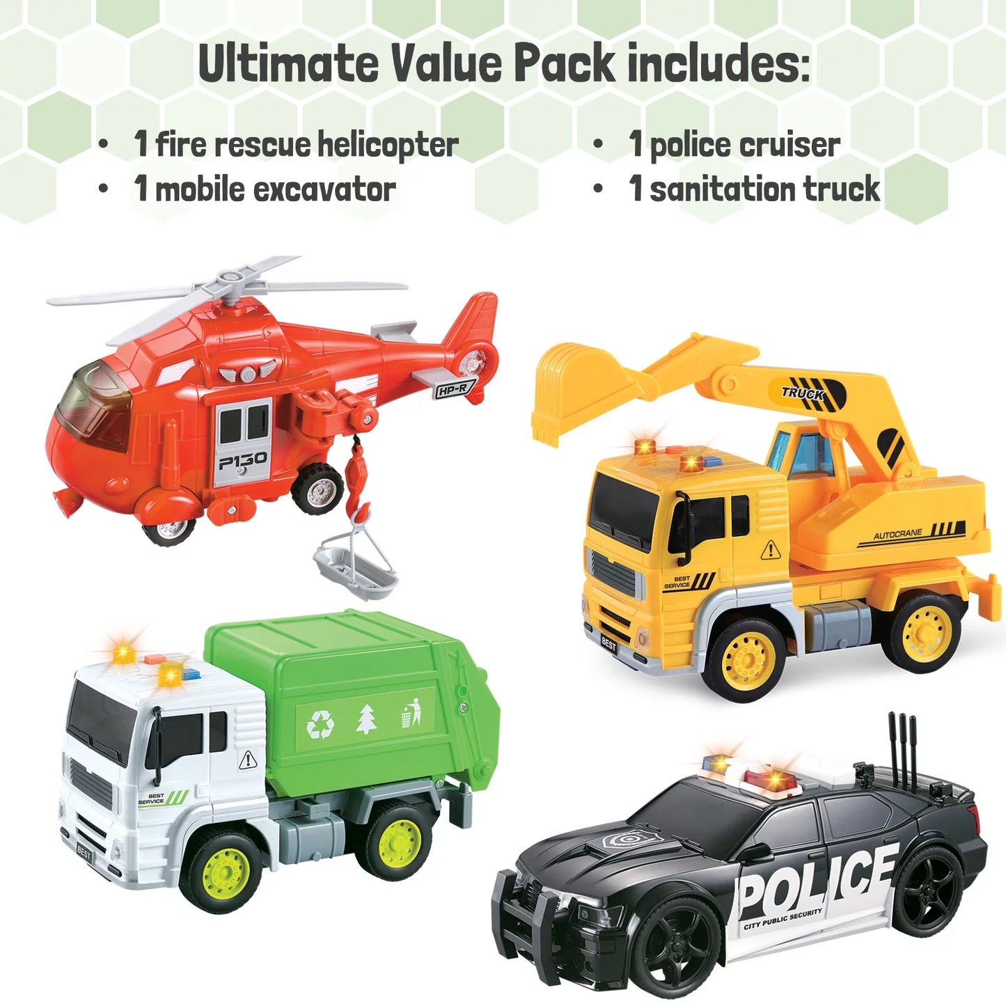 4 Pack City Heroes Vehicle Bundle Toy Playsets, Friction Powered Includes Fire Rescue Helicopter, Sanitation Dump Truck, Excavator, Police Cruiser Car, Pretend Play Toys for Toddlers Kids Boys