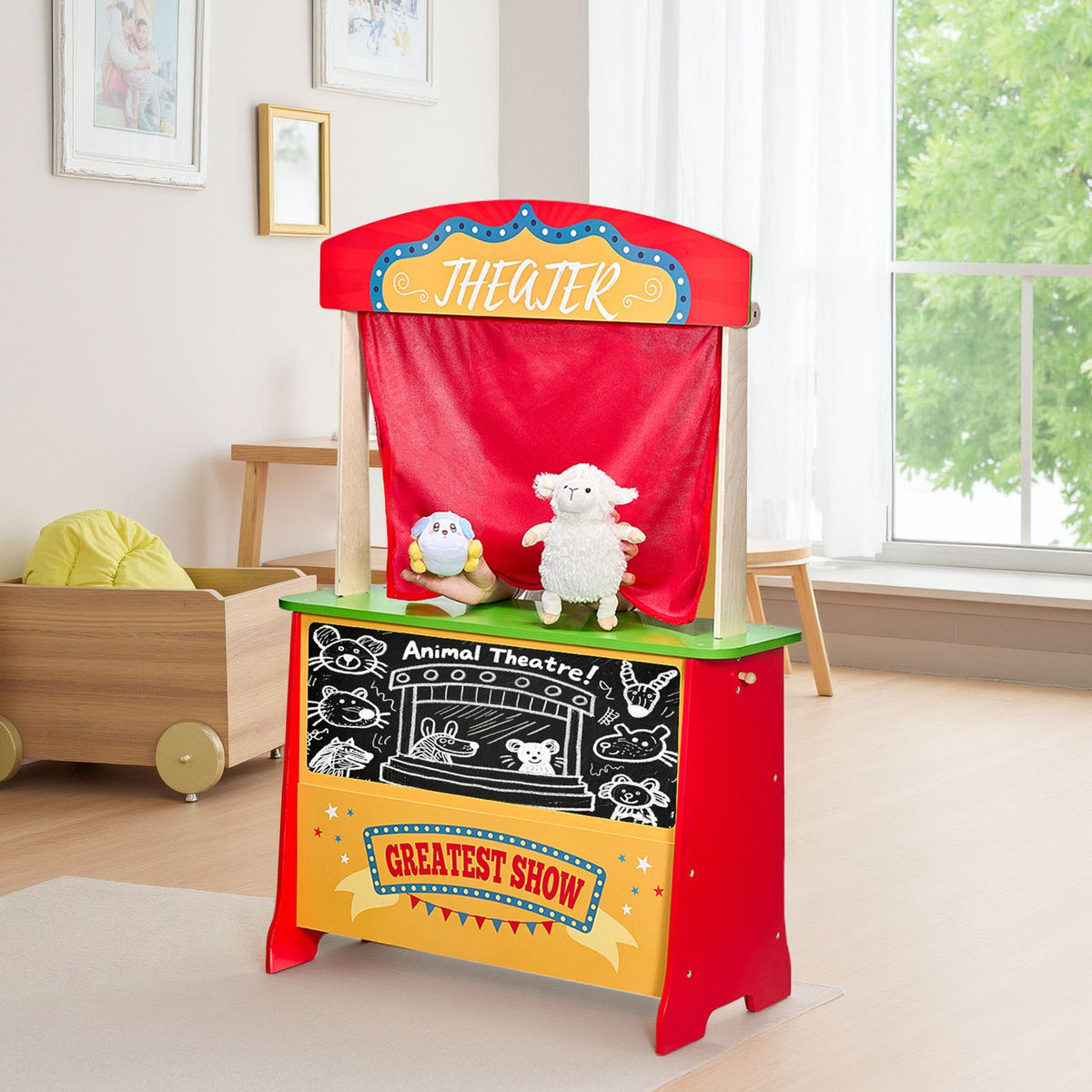 Wooden Puppet Theater and Play Store for Kids Yellow